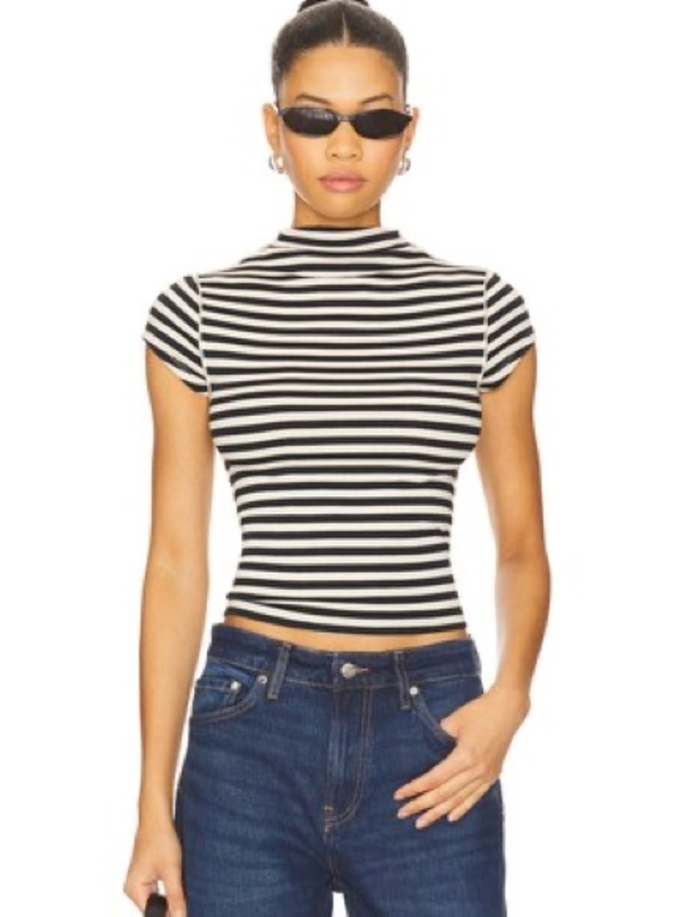 We The Free Short-Sleeve Mock Neck Top - Navy and White